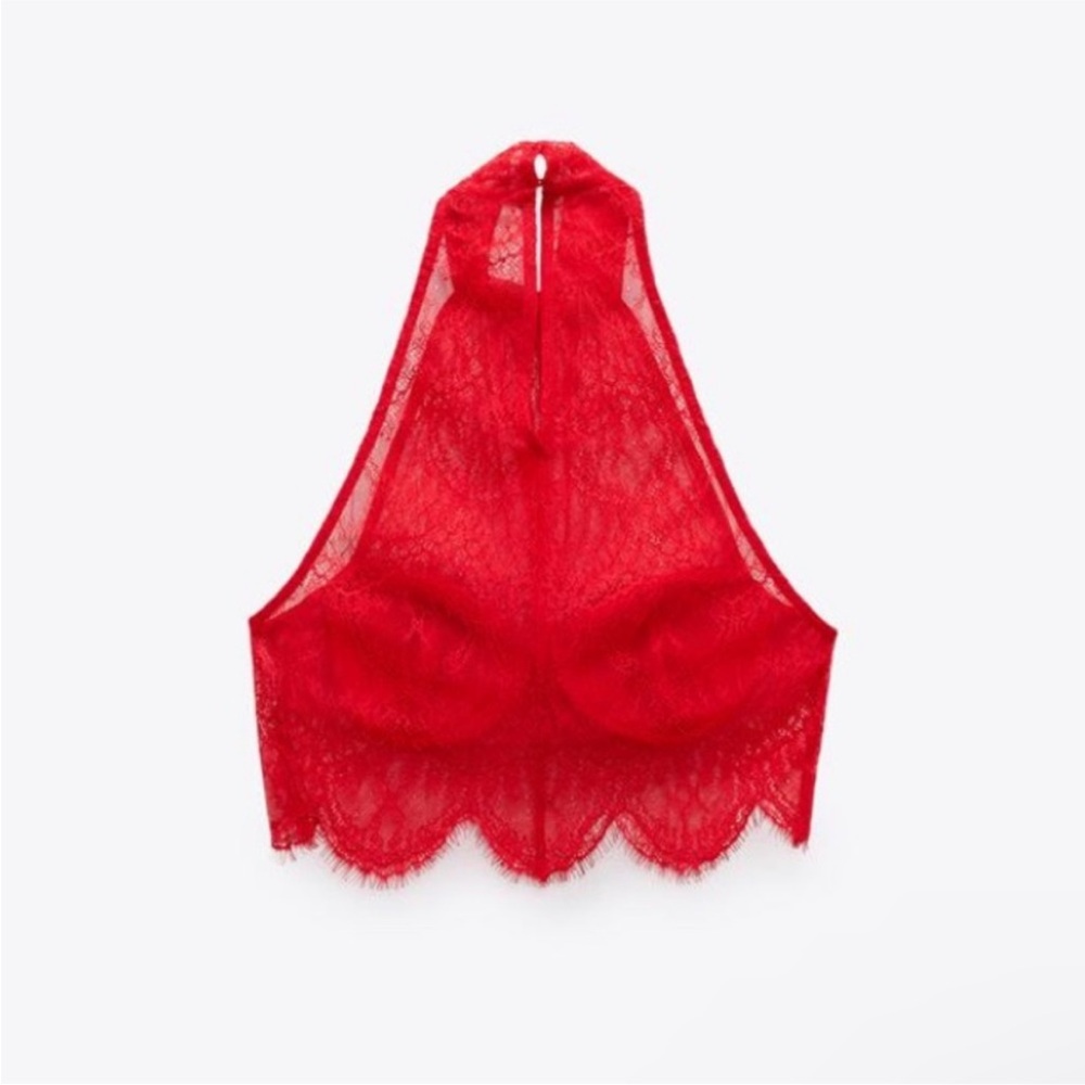 Zara red lace sheer bustier underwire high neck halter crop top sz.S